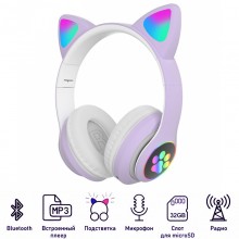 Беспроводные наушники CAT с кошачьими светящимися ушками LED Bluetooth MP3 FM радио Фиолетовые (STN-28-S1)