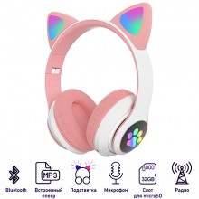 Беспроводные наушники CAT с кошачьими светящимися ушками LED Bluetooth MP3 FM радио Розовые (STN-28-S1)