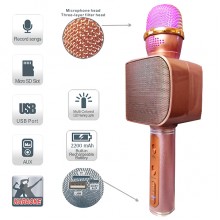 Беспроводной микрофон для караоке с разноцветной светодиодной подсветкой и функцией записи голоса SU-YOSD YS-68 колонка с двумя динамиками 6 Вт совместим с iOS и Android батарея емкостью 2200mAh Bluetooth microUSB AUX TF  Розовое золото (725572-S1)