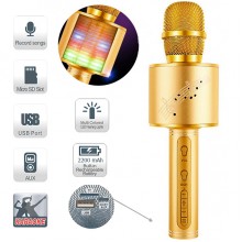 Беспроводной микрофон для караоке с разноцветной светодиодной подсветкой и функцией изменения голоса SU-YOSD YS-66 колонка с двумя динамиками 6 Вт совместим с iOS и Android батарея емкостью 2200mAh Bluetooth microUSB AUX TF  Золотой (725568-S1)