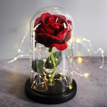 Роза в стеклянной прозрачной колбе Just for You цветок с зелёными листьями и LED подсветкой 17 см Красная (Flower-5)