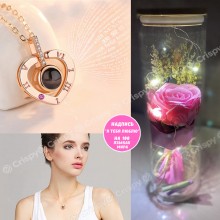 Подарочный набор Кулон в форме Сердца Я тебя люблю + Роза в колбе с LED подсветкой Розовая (Love-S1)