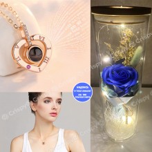 Подарочный набор Кулон в форме Сердца Я тебя люблю + Роза в колбе с LED подсветкой Синий (Love-S1)
