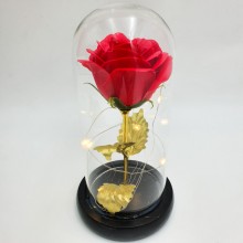 Роза в стеклянной прозрачной колбе Just for You цветок с золотыми листьями и LED подсветкой 17 см Красная (Flower-3)